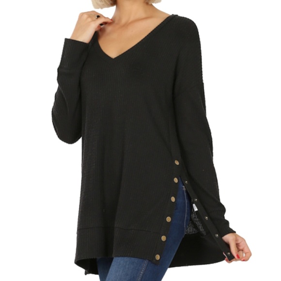 Zenana Outfitters Sweaters - Black Brushed Thermal Waffle Knit Sweater